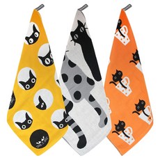 youhouse 北歐風貓咪廚房毛巾3件組, 幸福貓咪, 三隻貓灰色, 馬克杯貓橘色, 1套