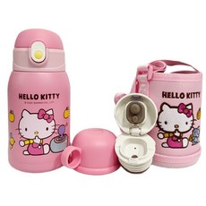 Hello Kitty 凱蒂貓 316不鏽鋼 直飲吸管兩式雙杯蓋 + 背袋 兒童水壺套組, 桃粉色, 1套, 480ml