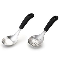 뉴비아 실리콘손잡이 스텐304 미니국자 + 타공국자 세트, 블랙, 1세트