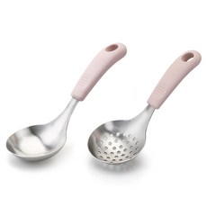 뉴비아 실리콘손잡이 스텐304 미니국자 + 타공국자 세트, 핑크, 1세트