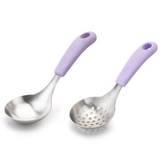 NEWVIA 矽膠握柄 304不鏽鋼 迷你湯勺 + 漏勺 組合, 紫色, 1套