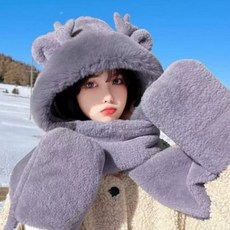 Kipopo 用品 滑雪板 滑雪 防寒 鹿角帽 圍巾 手套 一體式, 灰色 藍色, 1個