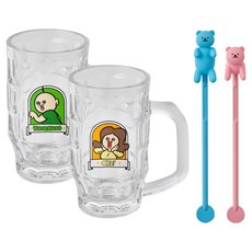 글라스락 빵빵이의 일상 뭣들하니 올록볼록잔 370ml 2종 + 머들러 2종 세트, 혼합색상, 1세트