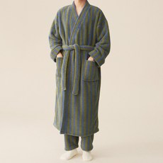 THE ZAKKA 蓬鬆條紋居家浴袍 L, 橄欖綠, 1個