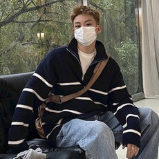 JTL 男款百搭半拉鍊條紋針織衫