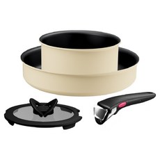 Tefal 特福 電磁爐適用 Magic Hands Crème de 平底鍋具組, 1套, 16cm湯鍋 + 24cm平底鍋 + 16cm玻璃鍋蓋 + 手柄, 奶油色