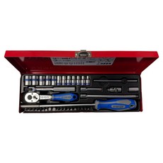 KING TONY 金統立 專業套筒扳手39件組 二分 DR KT2540MR 1/4吋, 1套, 六角起子頭 6個+十字起子頭 4個+一字起子頭 3個+六角星型起子頭 6個+加長型接杆 2個+公制六角標準套筒 12個+磁性固定起子+起子變換頭+扳杆+滑杆+24齒膠套握把棘輪扳手+萬向接頭