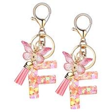 蝴蝶流蘇粉紅愛心亮片鑰匙圈, 字母 F, 2個