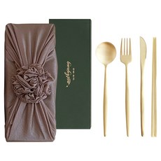 Nothyang 韓式傳統包巾 + 防字鍮器皇家餐具全套組, 金色(餐具), 可可色(韓式傳統包巾), 1套, 湯匙 + 叉子 + 刀子 + 筷子