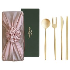 Nothyang 韓式包巾 + 方字鍮器 皇家餐具全套組, 金色(餐具), 淺粉色(韓式包巾), 1套, 湯匙 + 叉子 + 刀 + 筷子