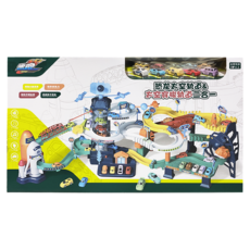 速跑 GOYO 豪華場景 電動軌道停車場組 附10台小車 車款隨機 9911, 太空梭 + 恐龍, 1套