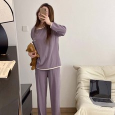 2Estar 女款撞色刷毛圓領居家服睡衣上下套裝