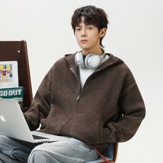 JTL 男款毛絨圓領口袋連帽針織拉鍊外套