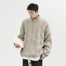 JTL 男士寬版高領拉鍊麻花圖案針織衫