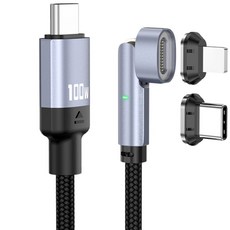YORI優里 11pin磁吸彎頭充電線+Type C磁吸頭+Lightning磁吸頭, 黑色, 1個, 100cm