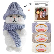 Yarna 倉鼠娃娃 Happy Cotton 45g x 3入 + 螺絲型娃娃眼睛 5mm 1對 + 彩色迷你三角鼻 米色 6mm + 印刷圖案 DIY 材料包, 藍色混合, 1套