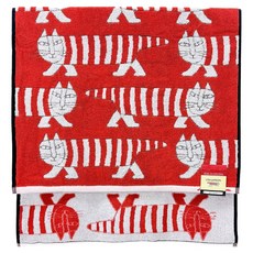 MARUSHIN 丸真 LISA LARSON 北歐瑞典設計風浴巾 交錯貓咪 棉紗, 紅色, 1個