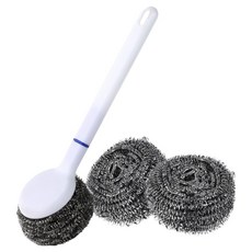 HelloKitchen 附手柄不鏽鋼清潔刷 + 鋼絲絨補充包 2入組, 白色, 1套