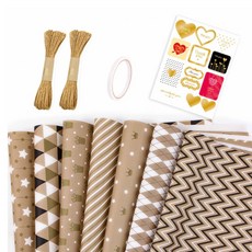 Inp DIY 自然圖案禮品包裝紙 50 x 70cm 7款 + 麻繩 2入 + 膠帶 + 貼紙套組, 混合色, 1套