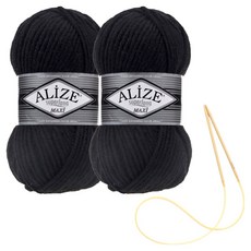 alize 슈퍼라나 뜨개실 100g 2p + 비니 뜨기 도안 + 대바늘 세트, 60, 1세트