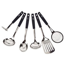 Stenlit 304不鏽鋼無研磨劑烹飪工具6件組, 黑色, 1套, 搗泥器 + 湯勺 + 料理勺 + 撈麵勺 + 鍋鏟 + 濾油勺
