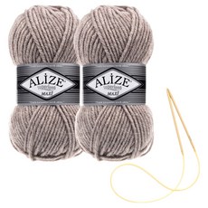 alize 슈퍼라나 뜨개실 100g 2p + 비니 뜨기 도안 + 대바늘 세트, 207, 1세트