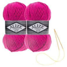 alize 슈퍼라나 뜨개실 100g 2p + 비니 뜨기 도안 + 대바늘 세트, 149, 1세트