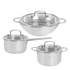 QUEEN SENSE 電磁爐現代304鍋具3件組, 單一顏色, 1套, 單柄鍋 16cm + 雙耳鍋 18cm + 蒸炒鍋 24cm