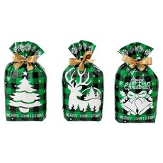 INP 聖誕緞帶禮物袋 3款 x 16入 + 隨機2入組 15 x 23 cm 綠色格紋, 1套