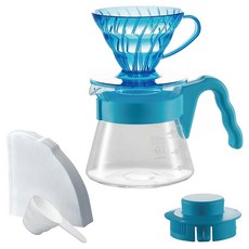 HARIO 好璃奧 V60 20周年海洋藍手沖咖啡壺組 VCSD-01-20CP-BH, 1套, 樹脂濾杯 + 玻璃咖啡壺 + 濾紙 + 量匙, 450ml