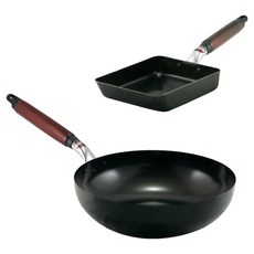 hokua 北陸 電磁爐適用輕量級木柄雙鍋2件組 日本製, 黑色, 1套, 炒鍋30cm + 玉子燒鍋