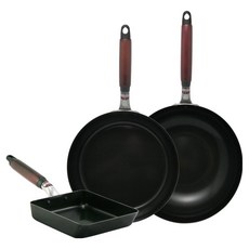hokua 北陸 輕量級木柄鍋組 日本製 3入, 黑色, 1套, 平底鍋26cm + 炒鍋28cm + 玉子燒鍋