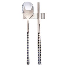 보겐 국내산 체크 세라믹 수저 세트, 1세트, 숟가락 + 젓가락, 옐로우 + 블루