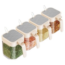 Our Works 玻璃密封調味罐組 象牙白, 1套, 調味罐 4入 + 湯匙 4入