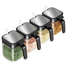 Our Works 玻璃密封調味罐組 黑色, 1套, 調味罐 4入 + 湯匙 4入