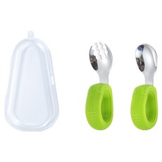 JAR嚴選 寶寶超好握學習勺叉 直頭不鏽鋼餐具組, 綠色, 1套, 湯匙 + 叉子