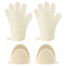 메오 주방용품 내열 실리콘 오븐 장갑 + 냄비 손잡이 양손 착용 2종 세트, 베이지, 1세트