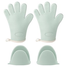 메오 주방용품 내열 실리콘 오븐 장갑 + 냄비 손잡이 양손 착용 2종 세트, 그린, 1세트