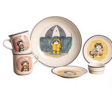 메종드모리 모리네코 2인 양식 식기 세트 6p, 블루 줄무늬 고양이, 1세트, 머그컵 2p + 파스타볼 + 원형접시 S 2p + 소스볼