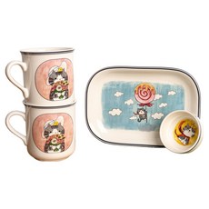 메종드모리 모리네코 2인 디저트 식기 세트 4p, 블루 줄무늬 고양이, 1세트, 머그컵 2p + 피클접시 + 소스볼