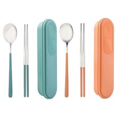 미니모 무소음 휴대용 도시락 수저 2종 세트, 민트그린, 오렌지라임, 1세트, 숟가락 + 젓가락 + 수저케이스