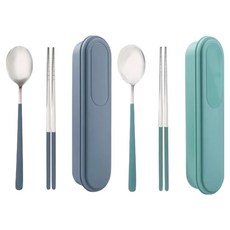 미니모 무소음 휴대용 도시락 수저 2종 세트, 블루스카이, 민트그린, 1세트, 숟가락 + 젓가락 + 수저케이스