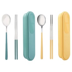미니모 무소음 휴대용 도시락 수저 2종 세트, 민트그린, 옐로우버터, 1세트, 숟가락 + 젓가락 + 수저케이스
