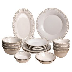 COZY TABLE Olive Romance 復古古董4人韓式餐具組 20p, 單一顏色, 1套, 飯碗 4p + 湯碗 4p + 小菜盤 S x 2p + 小菜盤 M x 2p + 橢圓盤 M + 圓盤 S x 4p + 圓盤 M x 2p + 圓盤 L