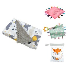 我家寶貝 豆豆絨系列 環保減塑彌月4件組, 豆豆毯 星空象 + 標籤安撫巾/固齒器標籤安撫/收納袋 顏色隨機