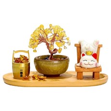 Mass 招財貓黃水晶樹桌面擺件4件組 招財貓 + 水晶樹 + 一桶金 + 竹木托盤, 到福