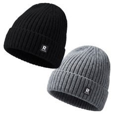 Midami 厚實羅紋運動風內刷毛針織長版毛帽 2件組 1637, 黑色, 灰色, 1套