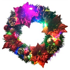 摩達客 浪漫朵朵聖誕花豪華綠色聖誕花圈福臨圈 + 20燈LED彩光燈串, 紅金系, 1個