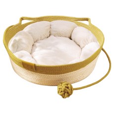 咕沛日常 花朵睡眠窩 + 藤編窩 貓咪狗狗通用 睡窩組合, 米色 + 奶油黃, 1套