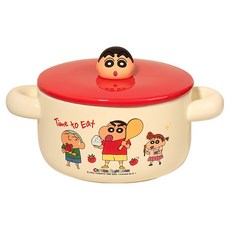 萌兔兔 蠟筆小新 陶瓷過家家附蓋雙耳湯碗 1L, 小新 + 紅色 + 白色, 1個